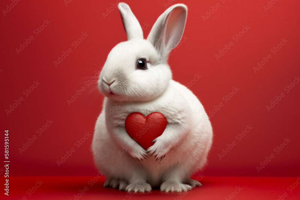 Obraz premium Cute white bunny on a red background, holding a heart. Generate Ai