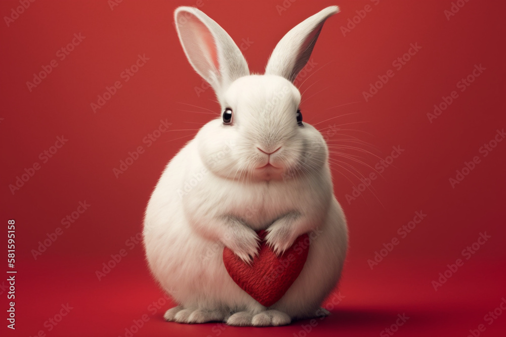 Cute white bunny on a red background, holding a heart. Generate Ai