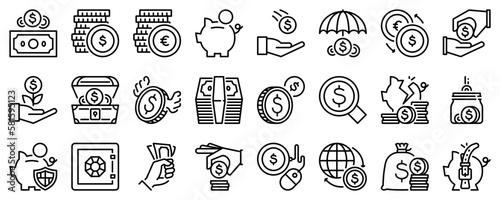 Line icons about money on transparent background with editable stroke.