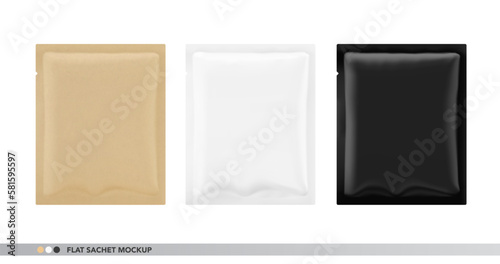 Realistic flat sachet mockups with different materials. Vector illustration isolated on white background. Front view. Great way to presentation your products. EPS10. 