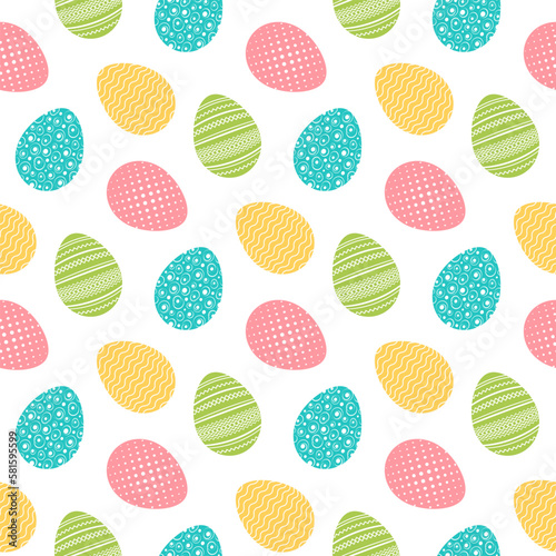Vector colored Easter eggs pattern, seamless background for your Happy Easter greeting card. Cute decorated Easter eggs isolated on white for Spring holiday design. Vector ilustration in flat style.