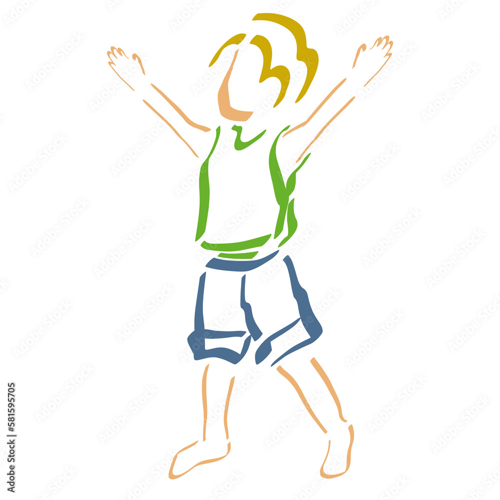 child steps, cheerfully raising both hands up, colorful outline on white child steps, cheerfully raising both hands up, colorful outline on white