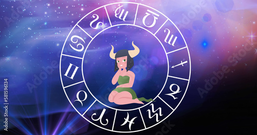 Composition of taurus star sign and zodiac wheel over stars