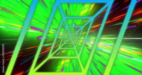 Image of blue and green neon shapes moving in seamless loop over light trails