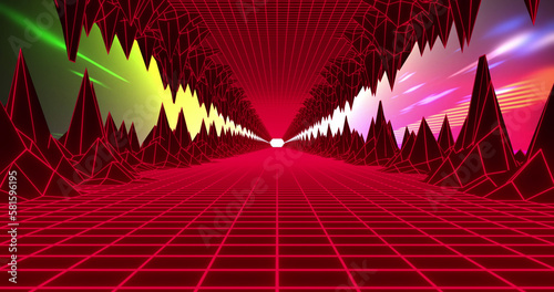 Image of metaverse grid moving in seamless loop over light trails