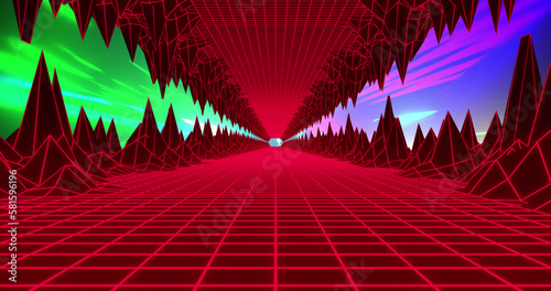 Image of metaverse grid moving in seamless loop over light trails