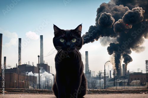 Cat on background of polluting industry. Poor Cat on walk with poisoned air. Generative AI.