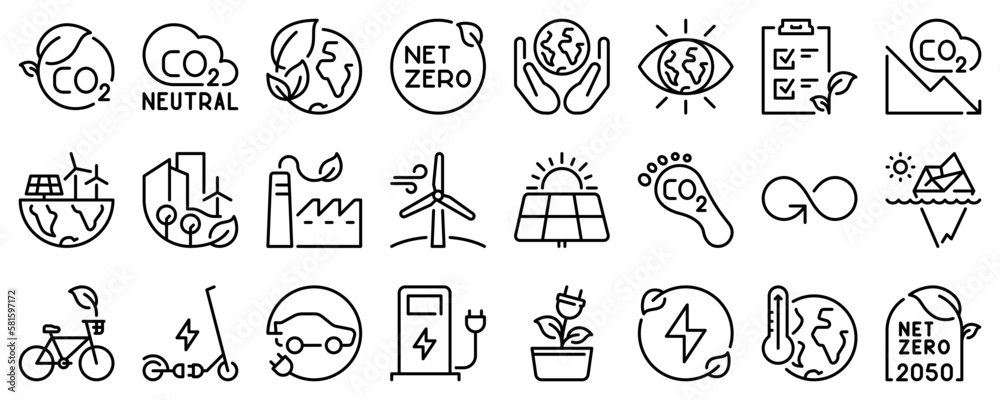 Line icons about net zero on transparent background with editable stroke. - obrazy, fototapety, plakaty 
