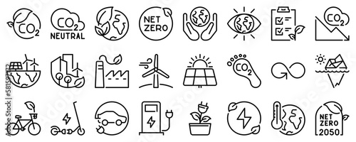 Line icons about net zero on transparent background with editable stroke.