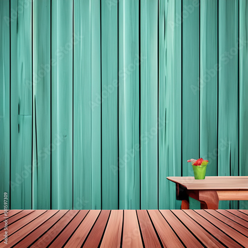 Empty wooden deck table over mint wallpaper background. 