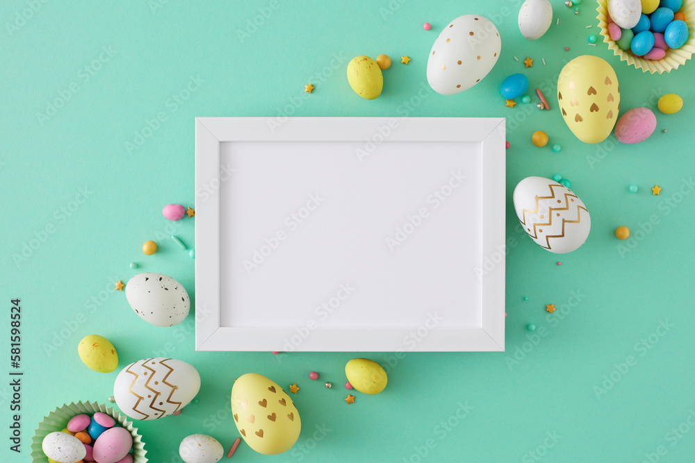 Easter concept. Flat lay photo of colorful easter eggs and sprinkles on teal background and white photo frame in the middle. Holiday card idea