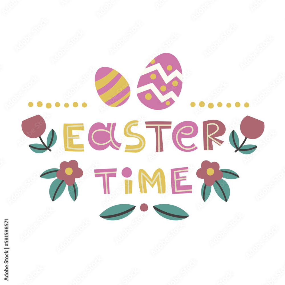 Happy Easter Time. Rabbit egg cake plants hands. Traditional icons. Egg hunt decoration. Group of traditional symbols folk style. Illustration for social media posts marketing greeting cards posters.
