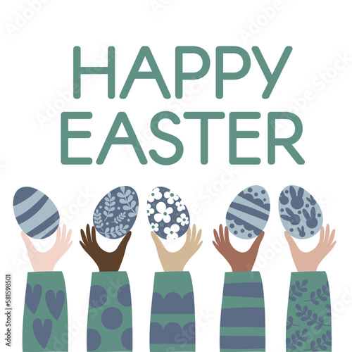 Happy Easter Time. Rabbit egg cake plants hands. Traditional icons. Egg hunt decoration. Group of traditional symbols folk style. Illustration for social media posts marketing greeting cards posters.
