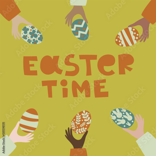 Happy Easter Time. Rabbit egg cake plants hands. Traditional icons. Egg hunt decoration. Group of traditional symbols folk style. Illustration for social media posts marketing greeting cards posters.
