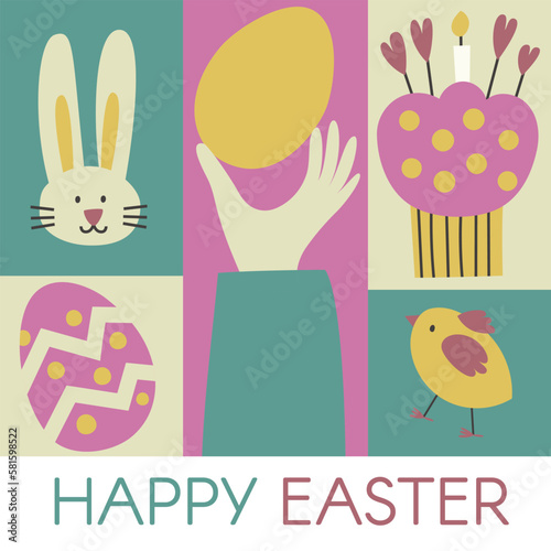 Happy Easter Time. Rabbit egg cake plants hands. Traditional icons. Egg hunt decoration. Group of traditional symbols folk style. Illustration for social media posts marketing greeting cards posters.
