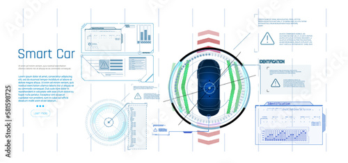 Car interface in HUD, GUI, UI style. Automotive sensing system concept. Autonomous car. Driver assistant system. Car top view with electronic digital interface, parameters and options, scans the road
