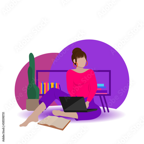 A woman works at a computer at home. Vector illustration.