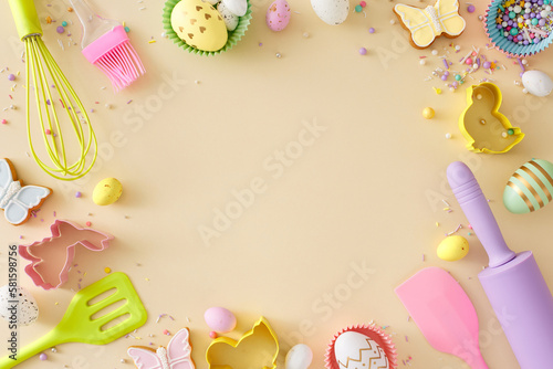 Easter cooking concept. Flat lay photo of easter colorful eggs butterfly cookie rolling pin brush whisk silicone spatula baking molds and sprinkles on isolated beige background with empty space photo