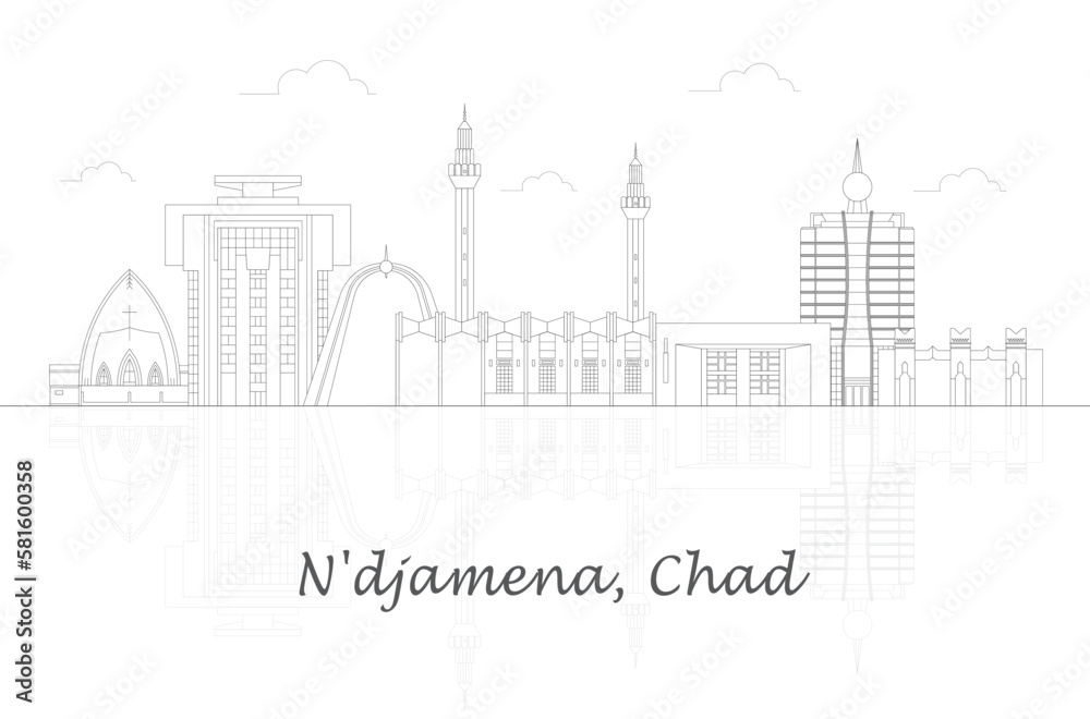 Outline Skyline panorama of city of N'djamena, Chad - vector illustration