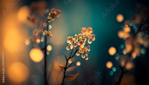 macro photography of flowers in a clearing at dawn, flowers with dew and beautiful bokeh, soft focus, blurred background, space for text, generative ai