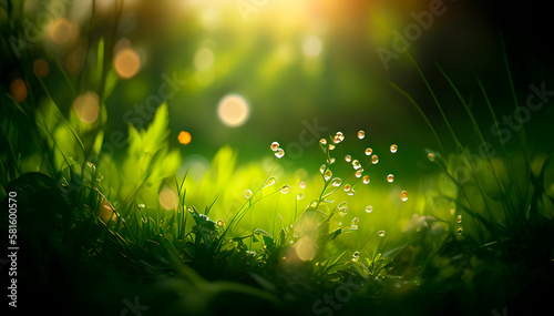 macro photo of green grass, grass with dew and beautiful bokeh, soft focus, blurred background, space for text, generative ai
