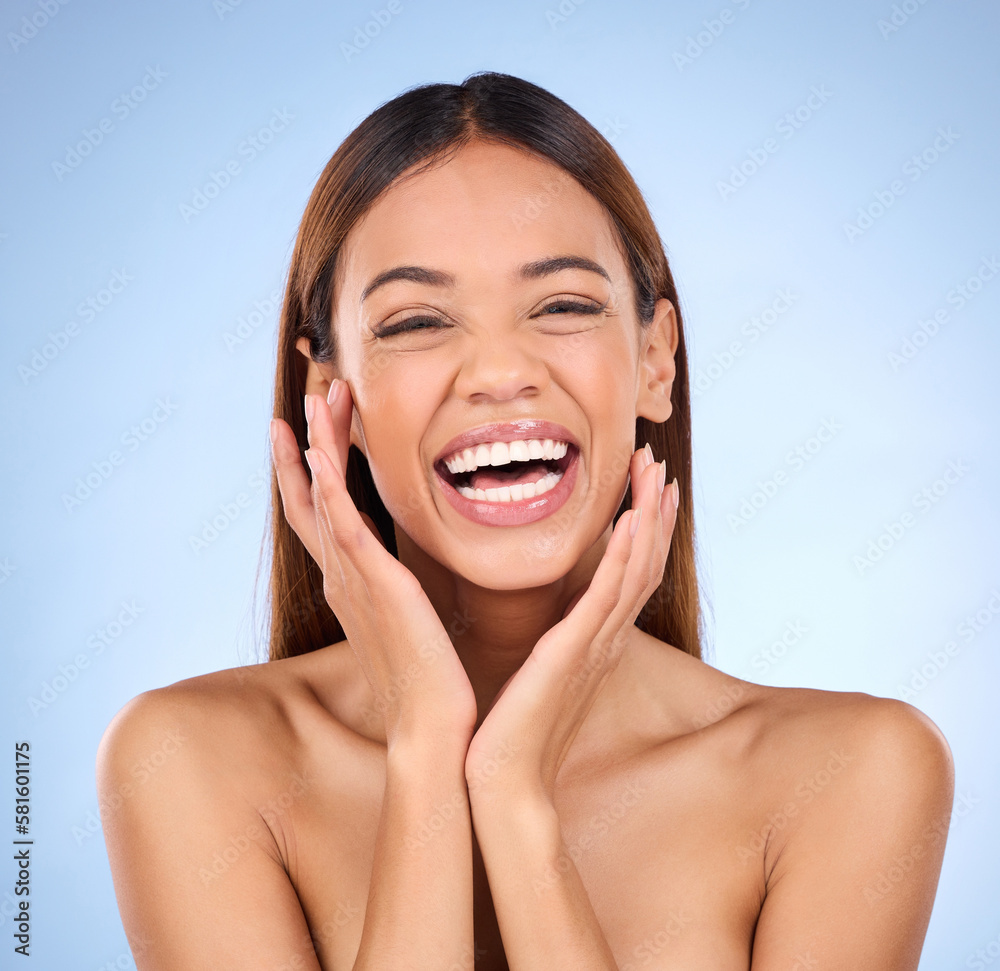 Happy woman in portrait, face and beauty with cosmetic care, facial and laughing in blue background. Skincare, natural cosmetics and self love with happiness, female with smile in studio and glow Happy woman in portrait, face and beauty with cosmetic care, facial and laughing in blue background. Skincare, natural cosmetics and self love with happiness, female with smile in studio and glow