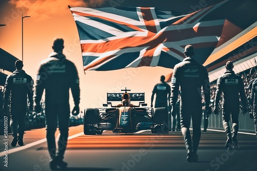 Dramatic Silhouettes of Racing Team Members Walking Towards a Formula One Car Under British Flags in the Pit Lane at Sunset photo