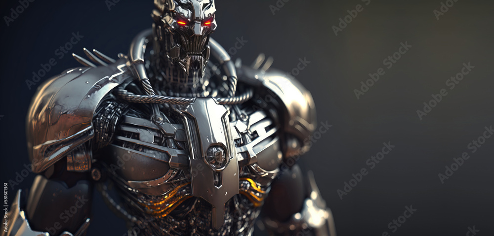 Shiny chrome torso of a robot on a dark background. Scientific progress of technology. AI generated. Shiny chrome torso of a robot on a dark background. Scientific progress of technology. AI generated.
