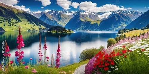 Describe a picturesque summer view in Zell am See, Pinzgau, Salzburg in 15 words or less, Generative AI