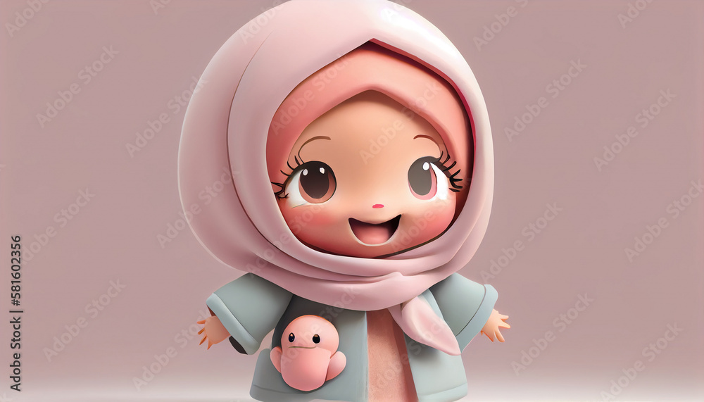 3D Illustration of cute hijab girl character. Generative AI.
