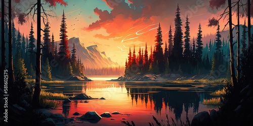 Digital illustration of an epic landscape featuring a forest, water, river, and sunset, Generative AI