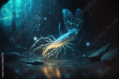 insect, bug, water, sea, blue, texture, ocean, light, sky, glass, pattern, ice, underwater, art, deep, earth, design, nature, light, space, science, illustration, energy, pattern, generative, ai
