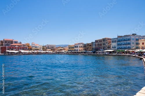 Fototapeta Naklejka Na Ścianę i Meble -  Chania harbor with coloured houses and restaurants  in Crete island, Greece