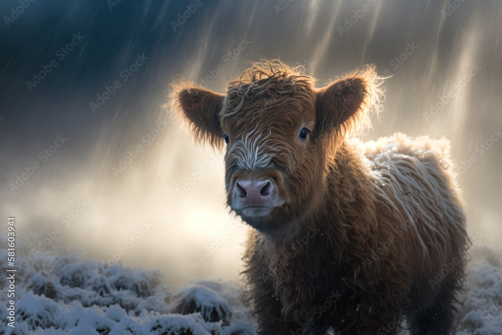 Digital Illustration of a young Highlander (Highland Calf) in a Field in the Snow. Made in part with generative ai.
Digital Illustration of a young Highlander (Highland Calf) in a Field in the Snow. Made in part with generative ai.
