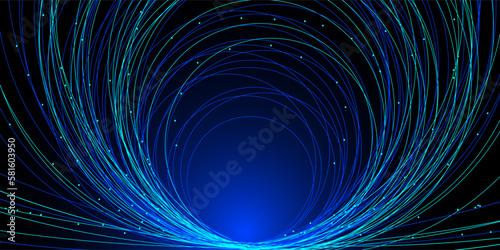 Chaotic interweaving of lines and dots on a dark blue background. Technological background for design on the topic of artificial intelligence, neural networks, big data. Vector background