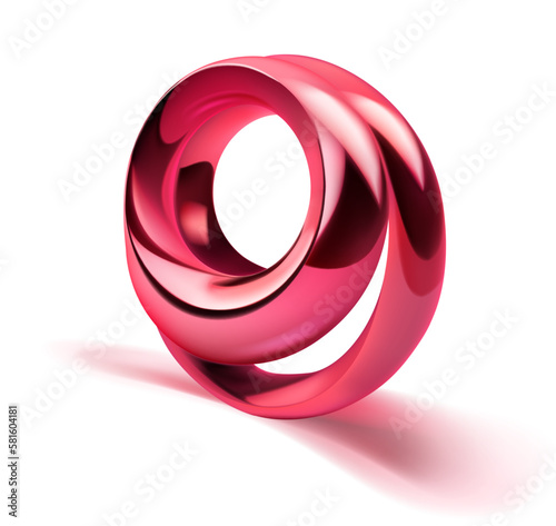 Abstract figure of two shiny metal rings of red color, with a shadow on a white background