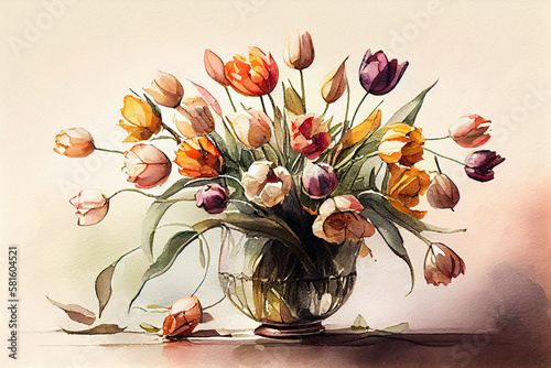 Bouquet of colorful tulip flowers on a light background. watercolor illustration