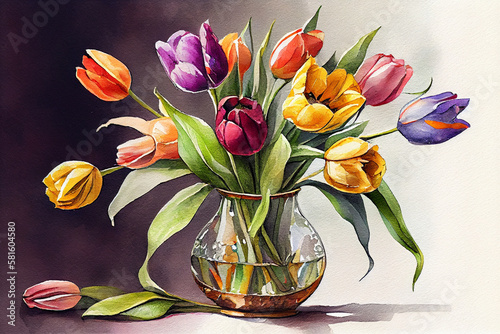 Watercolor tulip flowers. Bouquet of colorful tulip flowers on a light background. watercolor illustration
