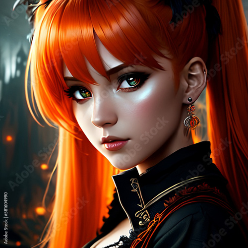 Portrait of a Beautiful Woman with Orange Twintails and Green Eyes  Generative AI