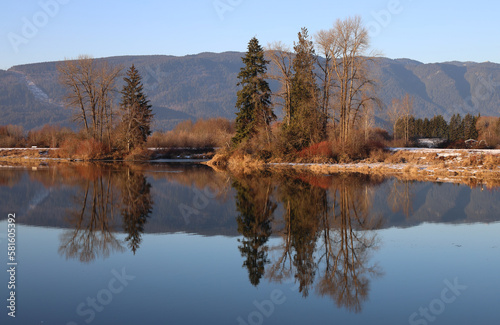Winter scenery with trees reflected in calm river