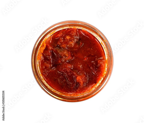 Adjika isolated on white background.  Hot chili and paprika sauce with garlic isolated on white background.