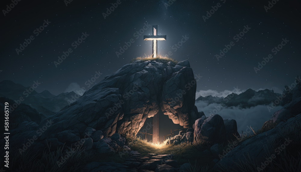Cross standing on high rock glowing at night created with generative AI technology