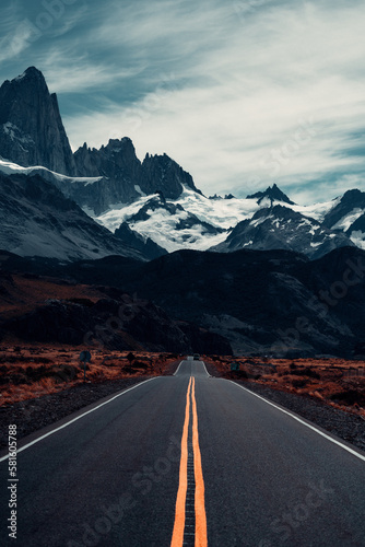 Landscape of Famous El Chaltén Mountain Range in Middle of Road with Yellow Line, Los Glaciares National Park, Argentina, Patagonia