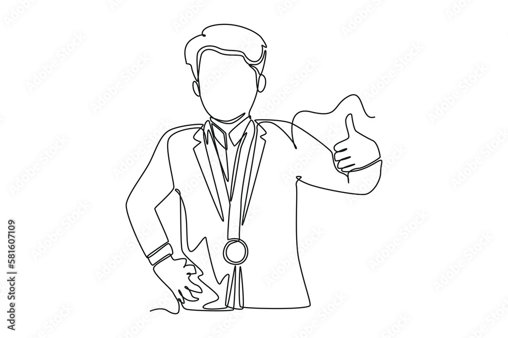 Single one line drawing happy man getting a medal while giving a thumb up. Employee appreciation day concept. Continuous line draw design graphic vector illustration. Single one line drawing happy man getting a medal while giving a thumb up. Employee appreciation day concept. Continuous line draw design graphic vector illustration.