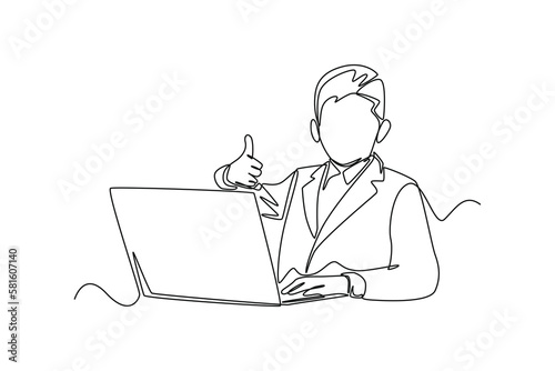 Single one line drawing of a male using a laptop while giving a thumb up. Employee appreciation day concept. Continuous line draw design graphic vector illustration.
