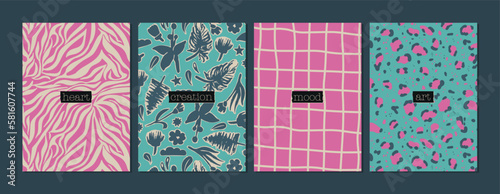 Set of abstract backgrounds in pink, blue and turquoise colors. Floral, animalistic patterns, various abstract forms. Vector illustration for design, covers, packaging, posters.