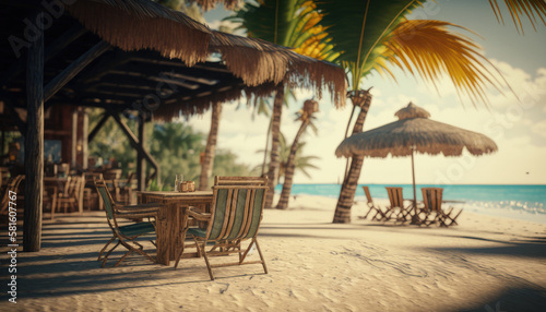 Caribbean Palm Beach With Wooden Chairs And Straw Umbrella created with generative AI technology