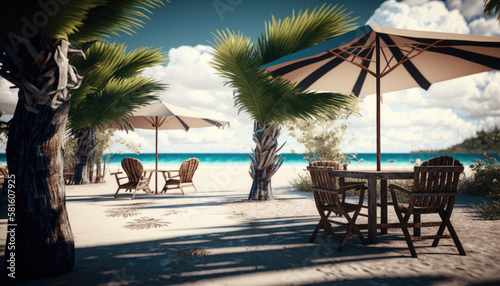 Caribbean Palm Beach With Wooden Chairs And Straw Umbrella created with generative AI technology