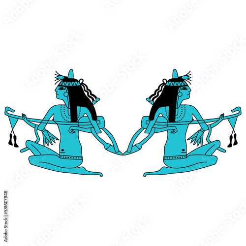 Symmetrical ethnic design with two ancient Egyptian girls playing lutes. Isolated vector illustration.  photo