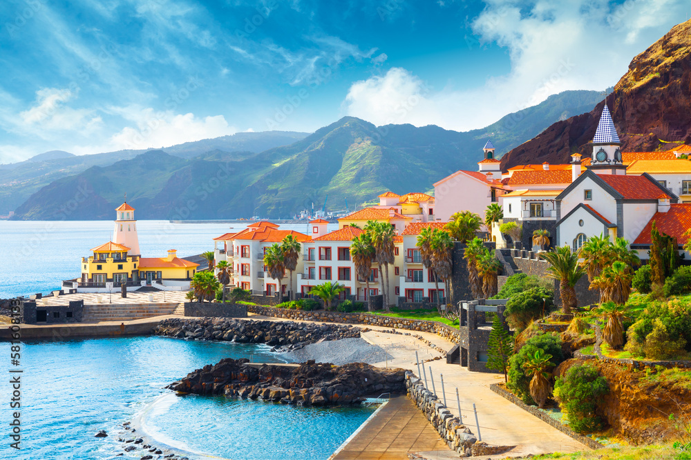 View of the small village of Canical and Marina da Quinta Grande, near Ponta de Sao Lourenco. Madeira Island, Portugal - obrazy, fototapety, plakaty 